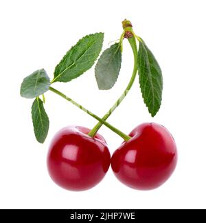 Cherry isolated on white background. Red ripe berry of sweet cherry. Clipping path Stock Photo