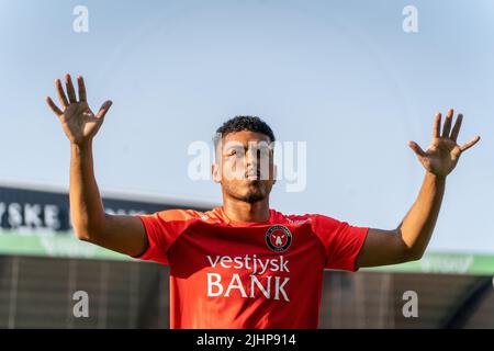 Herning, Denmark. 19th July, 2022. Evander Ferreira of FC Midtjylland seen before the UEFA Champions League qualification match between FC Midtjylland and AEK Larnaca at MCH Arena in Herning. (Photo Credit: Gonzales Photo/Alamy Live News Stock Photo
