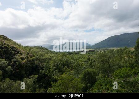 View across Loch Linnhe towards Mull from the slopes of Glen Righ, Onich, Fort William,Scotland, UK. Stock Photo