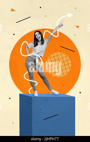 Vertical collage portrait of excited cheerful girl black white gamma stand drawing podium point finger painted arrow Stock Photo