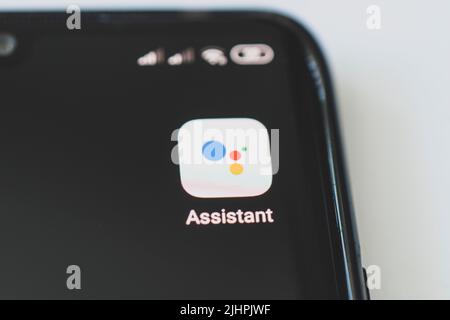 April 8 2021, Barnaul, Russia: Google Assistant logo on smartphone Stock Photo