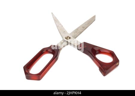 red scissors. dirty. isolated no white background. Stock Photo