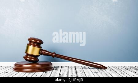 Judge's Gavel on Wooden Floor Against Wall with Copy Space Stock Photo