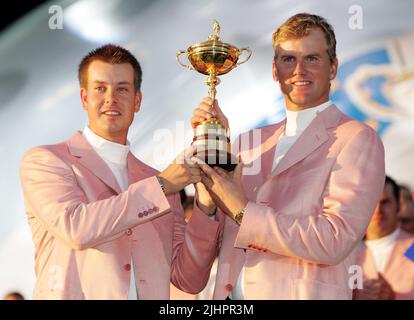 File photo dated 24-09-2006 of Henrik Stenson and Robert Karlsson with the Ryder Cup. Henrik Stenson’s tenure as Europe captain for next year’s Ryder Cup has been “brought to an end with immediate effect”, Ryder Cup Europe has announced. Issue date: Wednesday July 20, 2022. Stock Photo