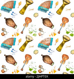 Hispanic musical instruments and watercolor splash seamless pattern on white. Latin drum, conga, accordion, guitar illustration hand painted. Design e Stock Photo