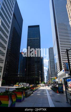View down King St West with skyscrapers rising up from street level in financial district of Toronto, Ontario, Canada. Stock Photo