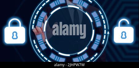 Businessman Pointing To Lock And Unlock S In A Glowing Futuristic Frame. Man In A Suit Showing A Secured Network With Encrypted Information In A Stock Photo