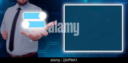 Businessman Extending A Hand To Show The Toggle Button In A Futuristic Design And Glowing Frame. Man In A Necktie Displaying The Digital On And Off Stock Photo