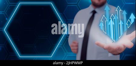 Businessman Reaching Out A Glowing Hand In A Futuristic Design With Arrows Going Up. Man In Necktie Showing Crucial Information And New Concepts In A Stock Photo