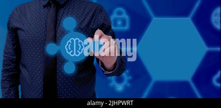 Businessman Standing And With Hand Pointing On Artificial Intelligence Symbol In Futuristic Design. Man With A Necktie Presenting Important Stock Photo