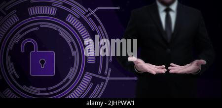 Businessman in suit holding open palm symbolizing successful teamwork accomplishing newest project plans. Man reaching hand out representing combined Stock Photo