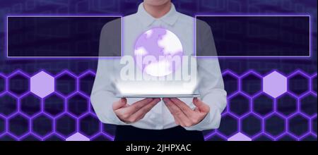 Businesswoman Holding Tablet Showing Digitally Generated Globe By Blank Displays. Woman With Pad Presenting Crucial Information And Marketing Stock Photo
