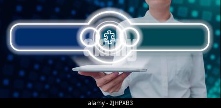 Businesswoman Holding Tablet Presenting Futuristic Display With Jigsaw Piece Symbol Showing Solutions. Woman Holding Pad Presenting Important Stock Photo