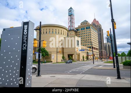 Mississauga City Hall seen from Square One, Mississauga, Ontario, Canada. Stock Photo