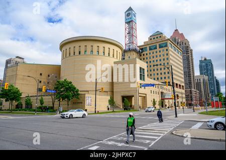 Mississauga City Hall seen from Square One, Mississauga, Ontario, Canada. Stock Photo