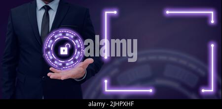 Businessman Presenting Over Hand And Showing Important Messages. Man In Suit Displaying Pattern With Symbols Above Palm And Crutial Informations On Stock Photo