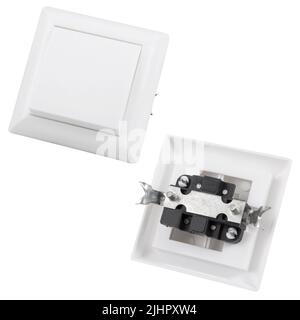 Built-in light switch with 1 key isolated on a white background. Photograph of the switch front and back. Stock Photo