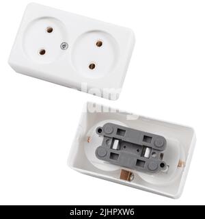 Electric built-in(flat) white socket for 2 connectors isolated on a white background. Photo of the outlet front and back. Stock Photo