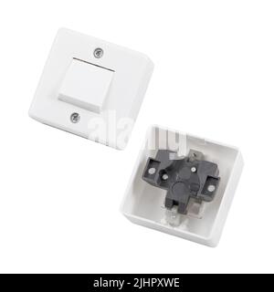 Built-in light switch with 1 key isolated on a white background. Photograph of the switch front and back. Stock Photo
