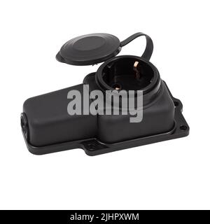 Protected socket with a cover and grounding isolated on a white background. Two angles: front and back. Stock Photo