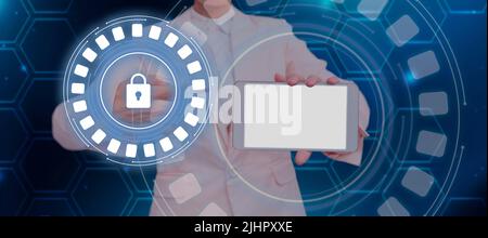 Businessman Holding A Pad And Displaying A Digital Lock In A Futuristic Round Design. A Hand With A Touch Screen Showing Encrypted Messages And Data Stock Photo