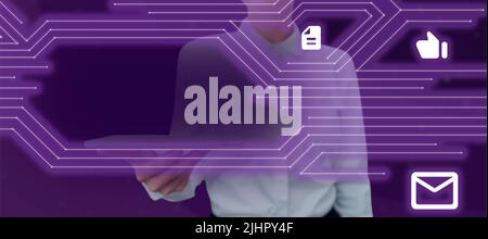 Businesswoman Holding Tablet Presenting Important Message Around Futuristic Frame And Different S. Woman With Cellphone Presenting Symbols And Crucial Stock Photo