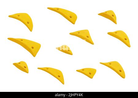 Set of Climbing Wall Holds isolated on white background. Yellow Climbing Stones, Stock Photo