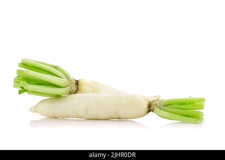 Daikon radishes isolated on white background. Stock Photo