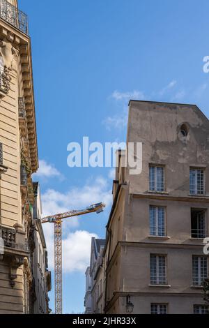 France, Ile de France region, Paris 5th arrondissement, rue de l'hotel Colbert, view on the towers of Notre Dame one year after the fire on the evening of 15 April 2019 Stock Photo