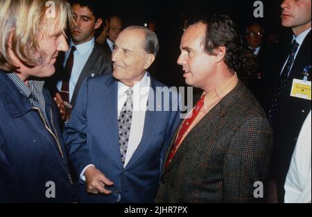 Gérard Depardieu, François Mitterrand and Frédéric Mitterrand came to Lille to attend the premiere of the film 'Germinal' directed by Claude Berri. September 1993 Stock Photo