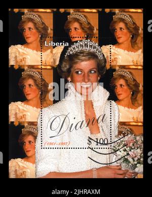 princess Diana. canceled stamp printed in Liberia dedicated to the memory of Lady Di. vintage post stamp isolated on black Stock Photo