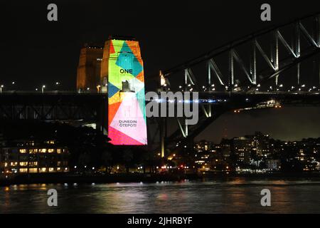 Sydney, Australia. 20th July 2022. The pylons of the Sydney Harbour Bridge were illuminated to mark the 2023 FIFA Women's World Cup's One Year to Go milestone. The names of the host cities were displayed in both English and native Aboriginal or Maori languages. Credit: Richard Milnes/Alamy Live News Stock Photo