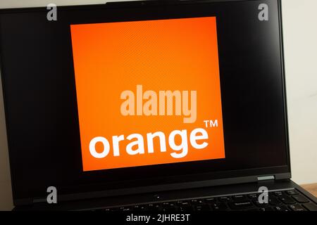 KONSKIE, POLAND - July 19, 2022: Orange SA telecommunications company logo displayed on laptop computer screen Stock Photo