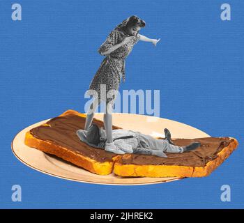 Contemporary art collage. Creative design. Young man lying on sweet chocolate toast and woman expressively talking isolated on blue background Stock Photo