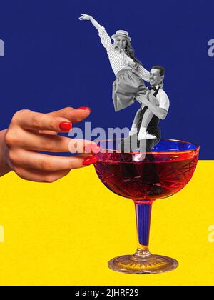 Contemporary art collage. Creative design. Cheerful couple dancing inside delicious alcohol cocktail. Party time, celebration Stock Photo