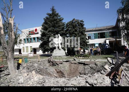 Druzhkivka, Ukraine - July 9, 2022 - The crater from a Russian shell is pictured at a playground, Druzhkivka, Donetsk Region, eastern Ukraine. This photo cannot be distributed in the Russian Federation. Photo by Anna Opareniuk/Ukrinform/ABACAPRESS.COM Stock Photo