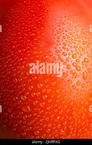 abstract of tomato surface with dew, red and orange tone berry surface with water drops background, wallpaper or backdrop, macro Stock Photo