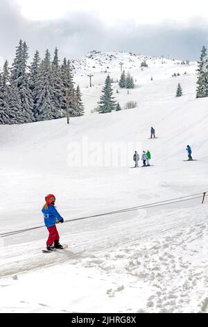 skiers on Vitosha mountain, Bulgaria, Europe, Stock Photo