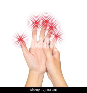 Pain, tingling and numbness in fingertips of Asian young man with diabetes. Finger sensation, hand and nerves problems. Fine touch Stock Photo