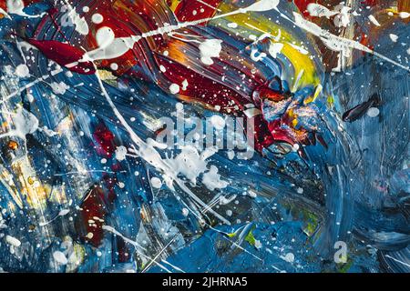Deep blue and red fire Contemporary Abstract background with impasto textures. High Detail. palette knife brush strokes. Modern art. Stock Photo