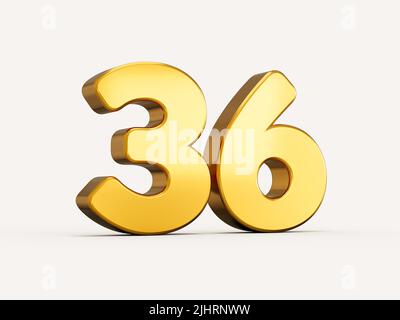 3d illustration of golden number 36 or thirty six isolated on beige background with shadow. for web and print Stock Photo