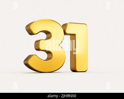 3d illustration of golden number 31 or thirty one isolated on beige background with shadow. for web and print Stock Photo