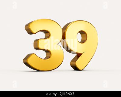 3d illustration of golden number 39 or thirty nine isolated on beige background with shadow. for web and print Stock Photo