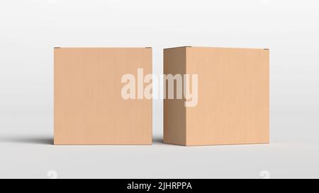 Two cardboard boxes mock up. Square gift boxes on white background. Front view Stock Photo