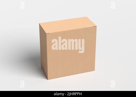 Cardboard box mock up. Square gift box on white background. Side view Stock Photo