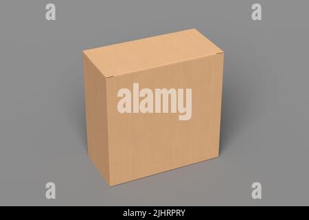 Cardboard box mock up. Square gift box on gray background. Side view Stock Photo
