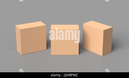 Three square boxes mock up. Cardboard gift boxes on gray background. View above Stock Photo