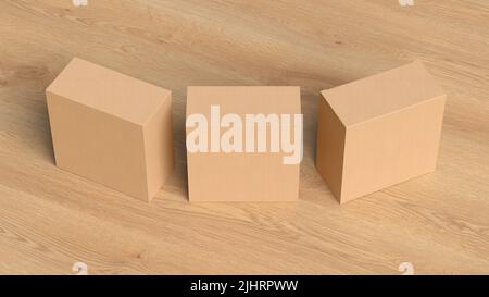 Three square boxes mock up. Cardboard gift boxes on wooden background. View above Stock Photo