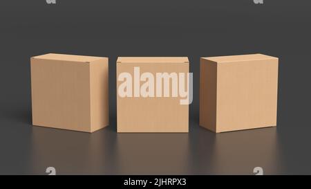 Three square boxes mock up. Cardboard gift boxes on black background. View above Stock Photo