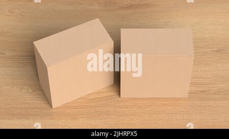 Two cardboard boxes mock up. Square gift boxes on wooden background. Above view Stock Photo